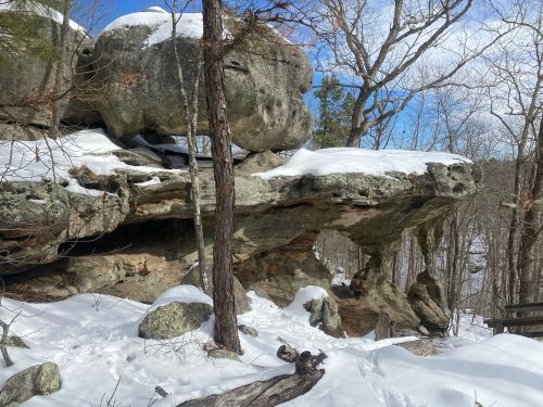 Snow-covered rocks and trees in a winter landscape, with a clear blue sky in the background.
