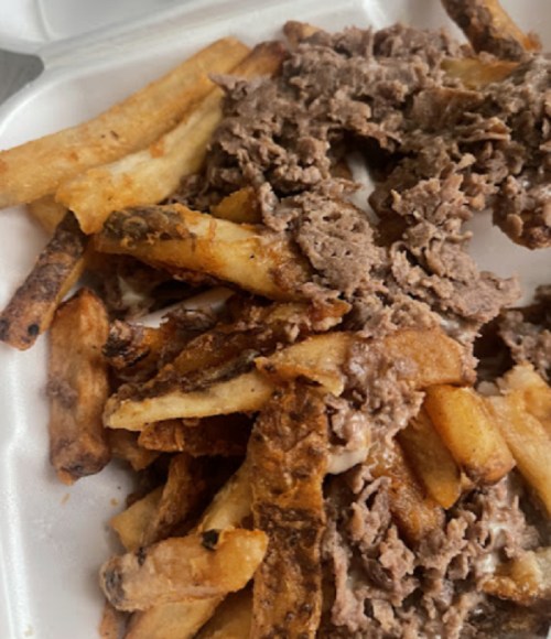 A close-up of a takeout container filled with fries and shredded beef.