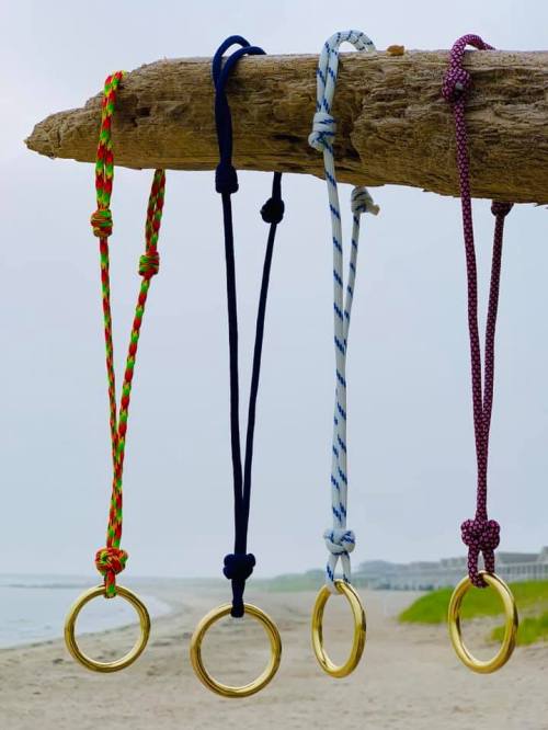 Colorful ropes with gold rings hang from a driftwood branch on a beach, with a foggy shoreline in the background.