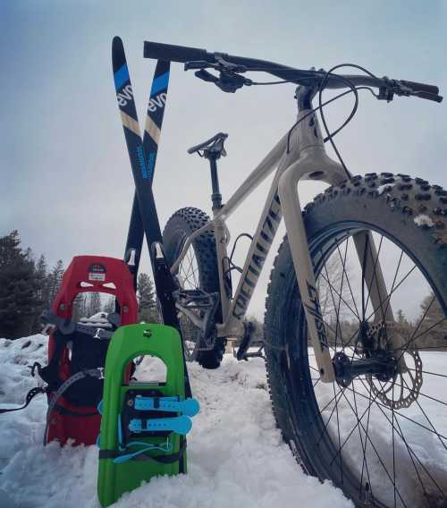 A fat bike and snowshoes resting on snow, surrounded by a winter landscape with trees in the background.