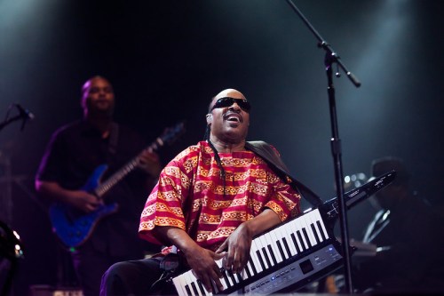 A musician in sunglasses plays a keytar on stage, smiling, with a guitarist in the background.