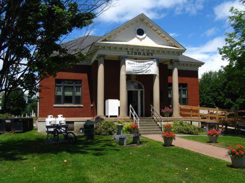 A brick library building with columns, a sign, and flower pots, surrounded by green grass and trees under a blue sky.