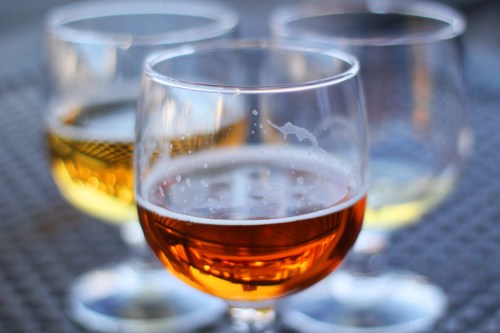 Three glasses of different beverages, with one prominently featuring a rich amber liquid in the foreground.