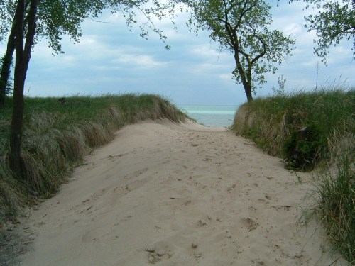 A sandy path leads through tall grass to a calm, blue lake under a cloudy sky, framed by trees.