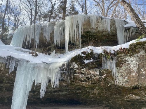Icicles hang from a rocky ledge, surrounded by snow and trees under a clear blue sky.