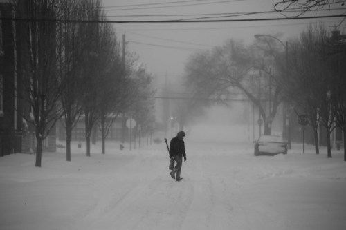 A lone figure walks through a snowy street, surrounded by trees and buildings, in a foggy winter scene.