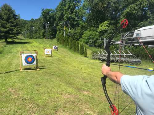 A person aiming a bow and arrow at three colorful targets on a grassy field surrounded by trees.