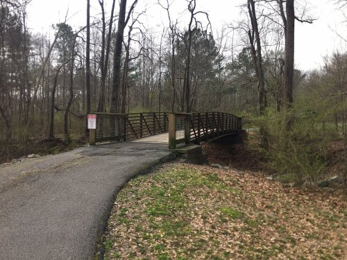 A wooden bridge spans a small path through a wooded area, surrounded by trees and fallen leaves.