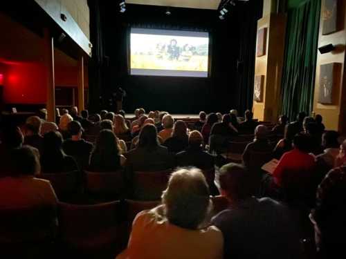 Audience seated in a dimly lit theater, watching a film projected on a large screen.