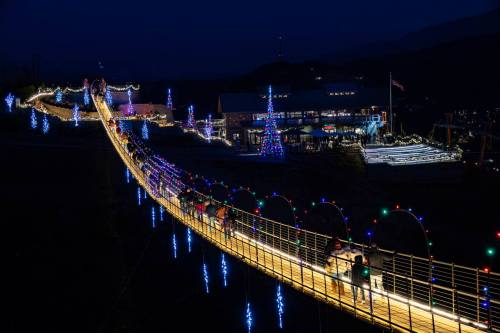 A brightly lit suspension bridge adorned with colorful lights, leading to a festive building and decorated trees at night.