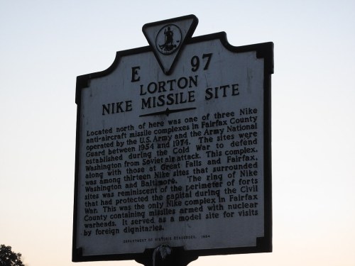 Historical marker for the Lorton Nike Missile Site, detailing its significance during the Cold War and local history.