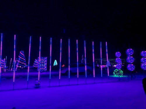 Colorful holiday lights illuminate a snowy landscape, featuring trees and decorative spheres in vibrant blue and purple hues.