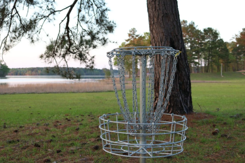 A disc golf basket stands near a lake, surrounded by trees and grassy fields under a clear sky.