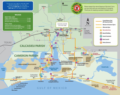 Map of the Creole Nature Trail, highlighting routes, attractions, and mileage in Calcasieu and Cameron Parishes, Louisiana.