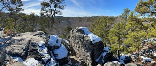 A panoramic view of rocky terrain covered in snow, surrounded by trees under a clear blue sky.