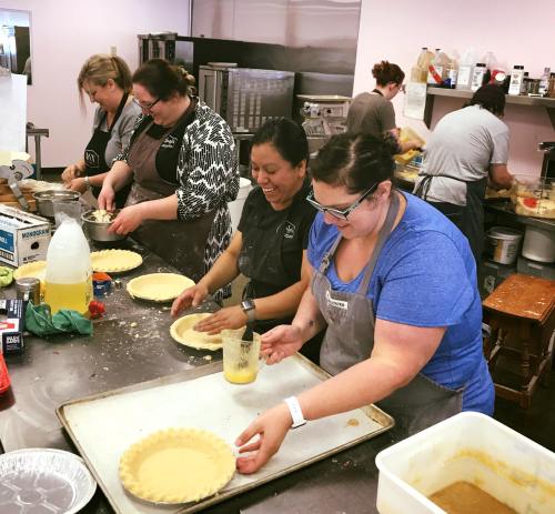 A group of women in aprons preparing pie crusts in a kitchen, focused on their baking tasks.