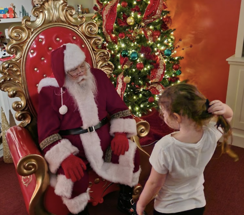 A child stands in front of Santa Claus, who is seated on a grand chair, with a decorated Christmas tree in the background.