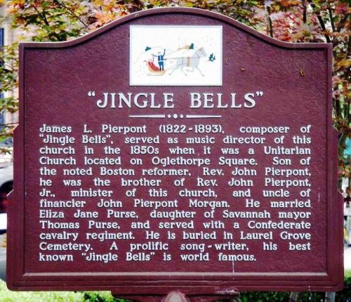 Historical marker about James L. Pierpont, composer of "Jingle Bells," detailing his life and connections.