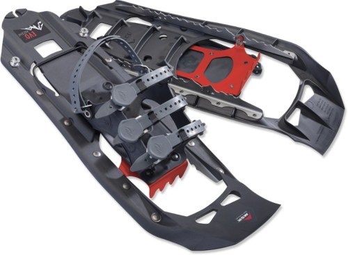A pair of black and red snowshoes, featuring adjustable straps and a sturdy frame, designed for winter hiking.
