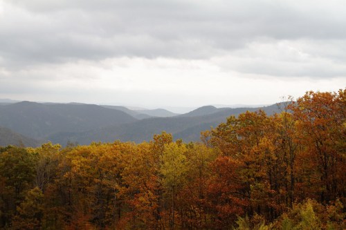 A scenic view of rolling mountains under a cloudy sky, with vibrant autumn foliage in the foreground.