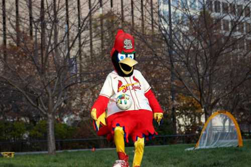 A colorful bird mascot in a baseball uniform stands on grass, holding a soccer ball, with trees and buildings in the background.