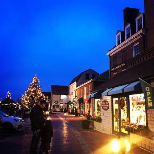 A charming street scene at dusk, featuring shops decorated for the holidays and a Christmas tree in the background.