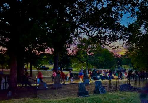 A group of people walking through a park at dusk, with trees and a colorful sky in the background.