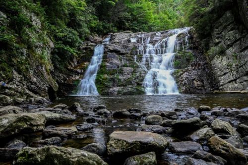 A serene waterfall cascades over rocky cliffs into a calm pool, surrounded by lush green trees.