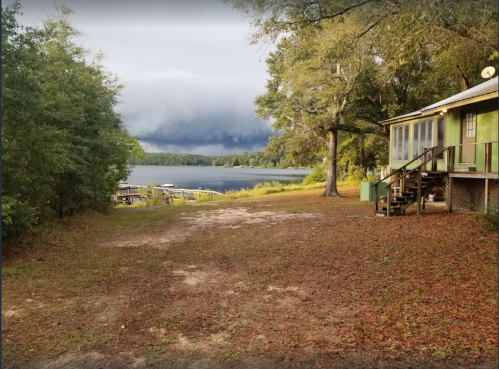 A serene lakeside view with a cabin, surrounded by trees and fallen leaves, under a cloudy sky.