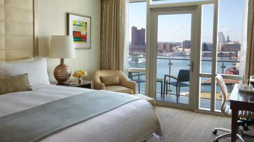 A hotel room with a bed, chair, and desk, featuring large windows overlooking a waterfront city view.