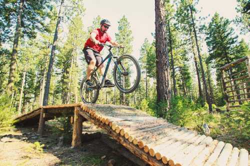 A mountain biker jumps off a wooden ramp in a forest, surrounded by tall trees and sunlight.