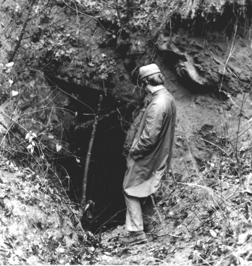 A person in a coat stands near a dark cave entrance surrounded by trees and foliage.