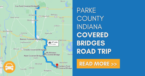 Map of Parke County, Indiana, highlighting a road trip route to various covered bridges.