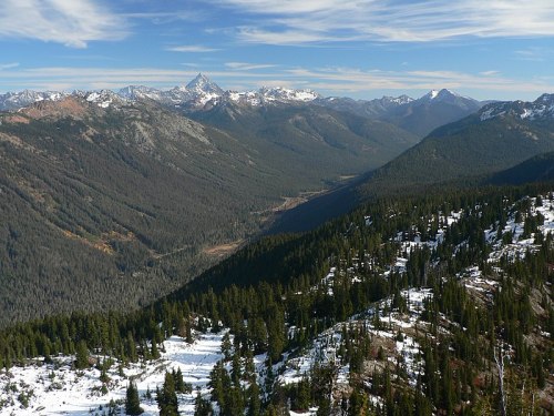 A panoramic view of snow-capped mountains and lush green forests under a clear blue sky.