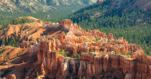 A scenic view of Bryce Canyon's unique rock formations and lush green trees under a clear blue sky.