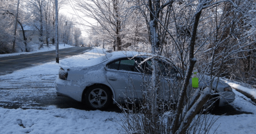 A parked car covered in snow beside a tree-lined road in a winter landscape.