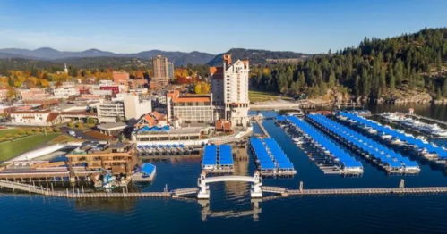 Aerial view of a marina with blue boat docks, surrounded by buildings and trees under a clear blue sky.