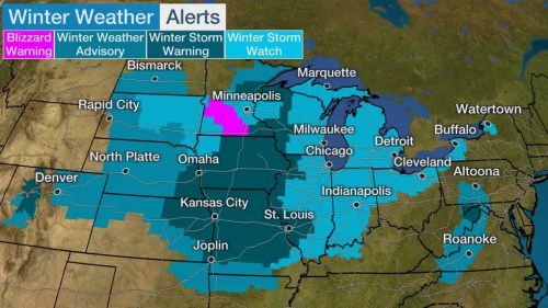 Map showing winter weather alerts across the Midwest, including blizzard warnings and winter storm advisories.