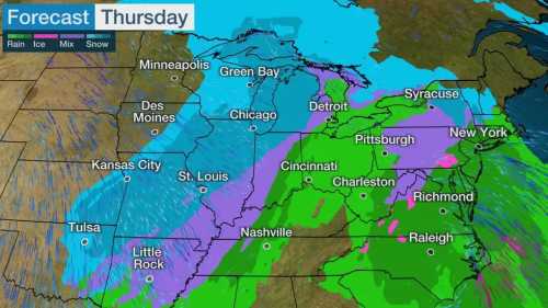 Weather forecast map showing rain, snow, and ice across the Midwest and Northeast for Thursday.