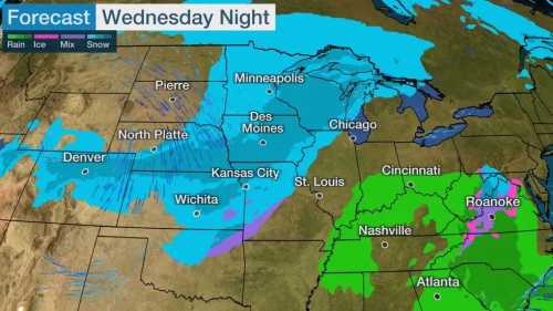 Weather forecast map showing snow in the Midwest and rain in the Southeast for Wednesday night.