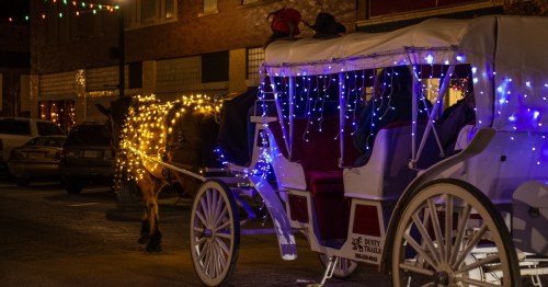 Dusty Trails horse and carriage, lit with festive lights, on a North Platte street.
