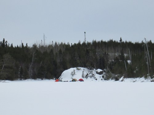 Tents set up on a snowy landscape, surrounded by a forest of trees under a gray sky.