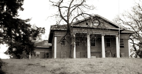 A historic, abandoned building with tall columns, set on a grassy hill, surrounded by bare trees in black and white.