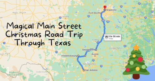 Map showing a route from Fort Worth to Grapevine, Texas, labeled "Magical Main Street Christmas Road Trip." Christmas tree icon.