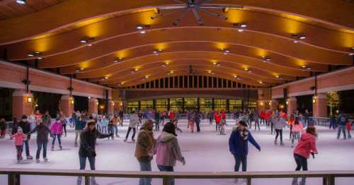 A lively indoor ice skating rink filled with people of all ages skating and enjoying the activity under warm lighting.