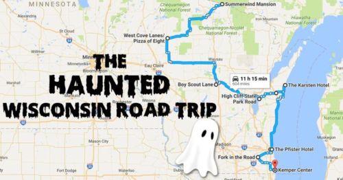 Map of a haunted road trip in Wisconsin, featuring stops like Summerwind Mansion and Kemper Center, with a ghost graphic.