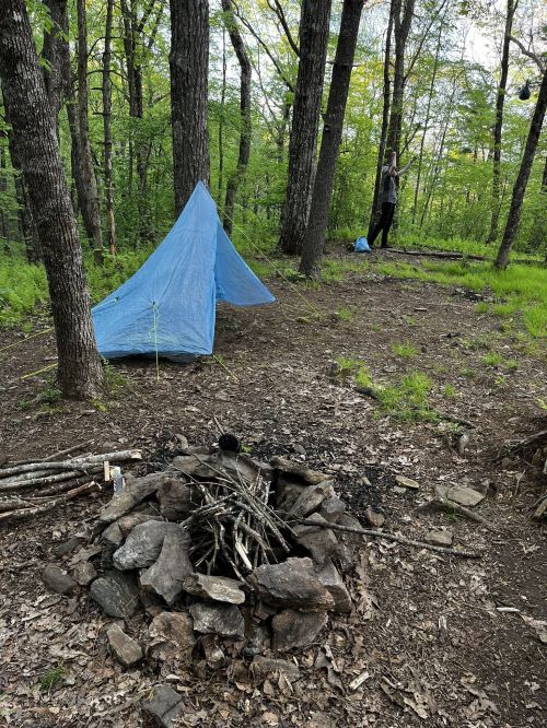 A blue tent set up in a wooded area, with a stone fire pit and a person standing nearby among the trees.