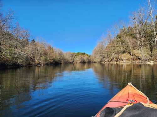 A kayak on calm water, surrounded by trees and a clear blue sky, reflecting the serene landscape.