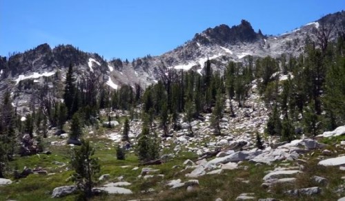 A scenic mountain landscape featuring rocky terrain, scattered trees, and a clear blue sky.