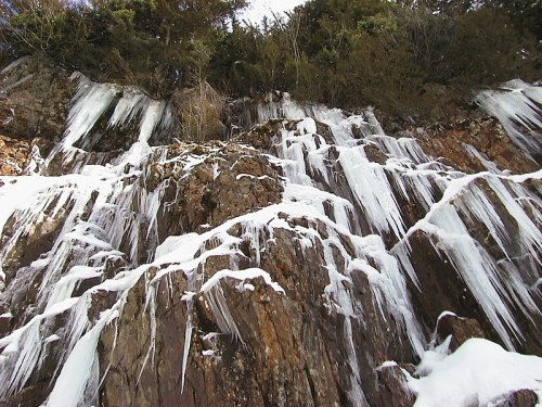 Icicles hang from rocky cliffs, surrounded by snow and sparse greenery, creating a winter landscape.